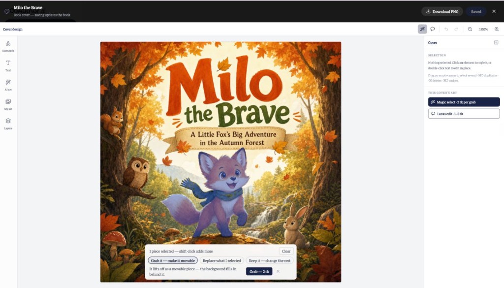 Milo the Brave in Image Studio, with Magic Select highlighting a fox for a targeted edit